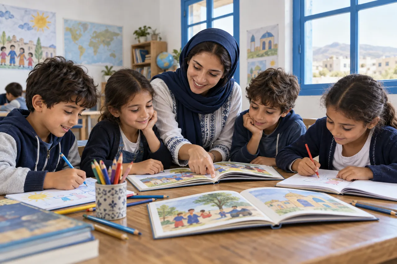 Concept image of a teacher helping displaced children learn and draw