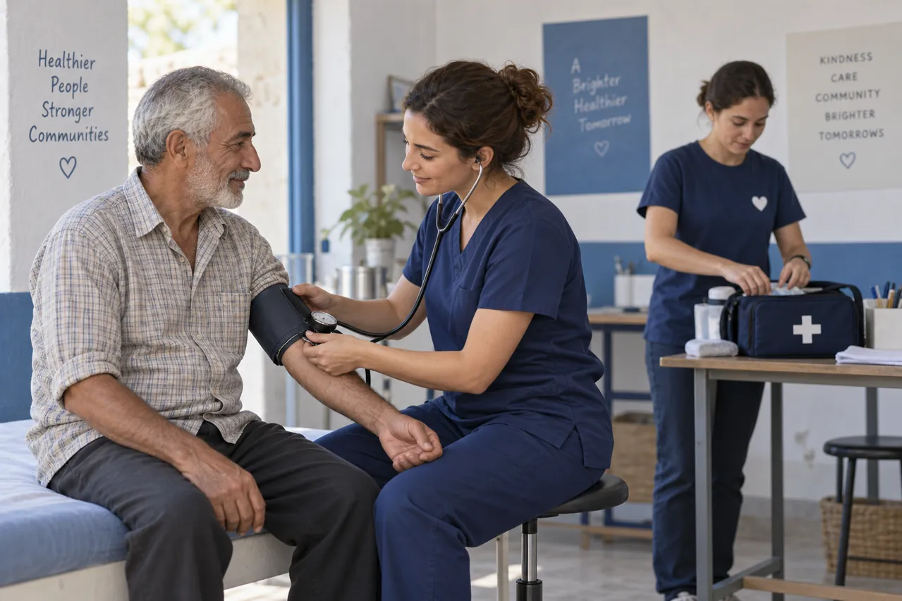 Concept image of a community clinician checking an older civilian’s blood pressure