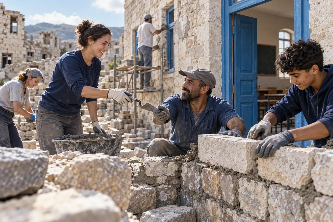 Concept image of residents and volunteers repairing homes after conflict